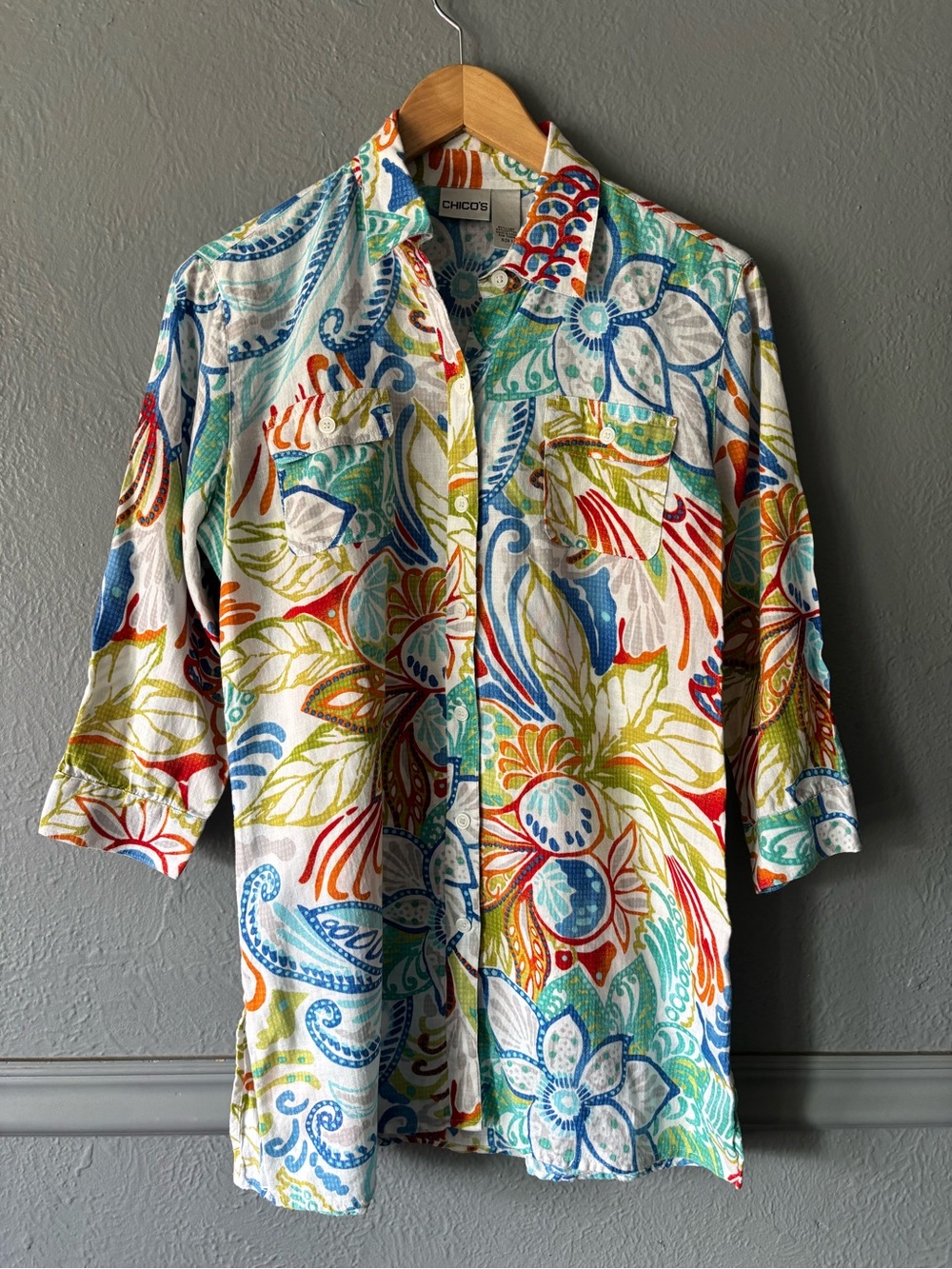 Chico’s Linen Cotton Floral Tunic Button Up Shirt Colorful Print 1